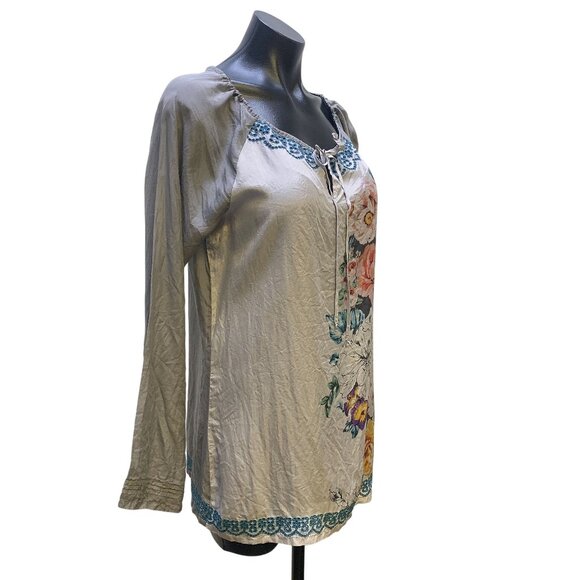 Johnny Was Grey & Multicolored Print Silk Blouse, Size Small - Picture 3 of 8